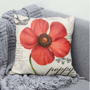 Handgezeichnete Vintage-Rote Mohnblume Farbklecks  Kissen