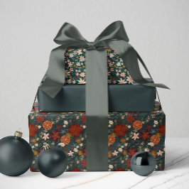 Handgezeichnete Vintage Winter Florals Dunkelgrün Geschenkpapier Set