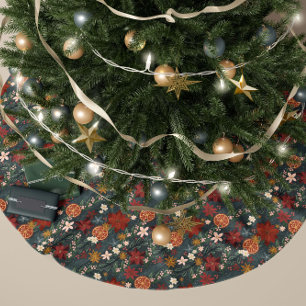 Handgezeichnete Vintage-Winterblumen in Dunkelgrün Polyester Weihnachtsbaumdecke