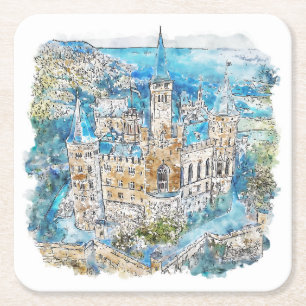 Handgezeichnete Wasserfarbe Hohenzollern Schloss D Rechteckiger Pappuntersetzer