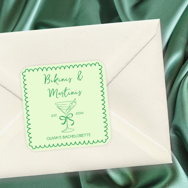 Handgezeichnete Wavy Bikinis & Martinis Bacheloret Quadratischer Aufkleber (bikinis and martinis bachelorette)