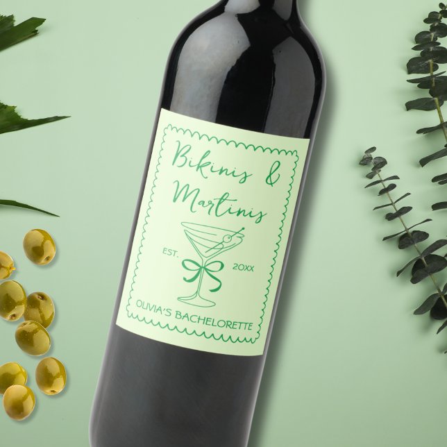 Handgezeichnete Wavy Bikinis & Martinis Bacheloret Weinetikett (Hand Drawn Wavy Bikinis & Martinis Bachelorette Wine Label)
