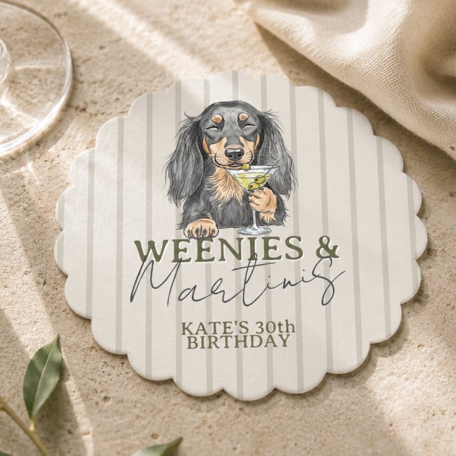 Handgezeichnete Weenys und Martinis-Dackel Untersetzer (Hand Drawn Weenies and Martinis Dachshund Paper Coaster)