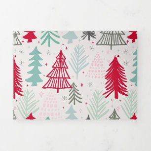 Handgezeichnete Weihnachtsbäume Evergreen Pine Red Dreifach Gefaltete Urlaubskarte