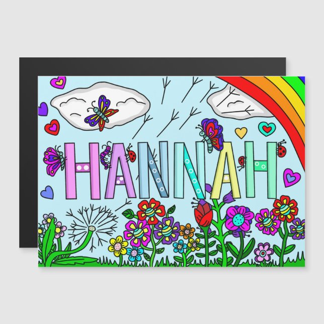 Handgezeichnete Whimsical-Blume und Name Hannah Magneteinladung (Vorne/Hinten)