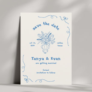 Handgezeichnete Whimsical Blume Vase Blue Wedding Save The Date