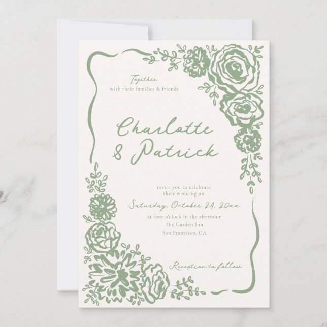 Handgezeichnete Whimsical Floral Sage Green Weddin Einladung (Vorderseite)