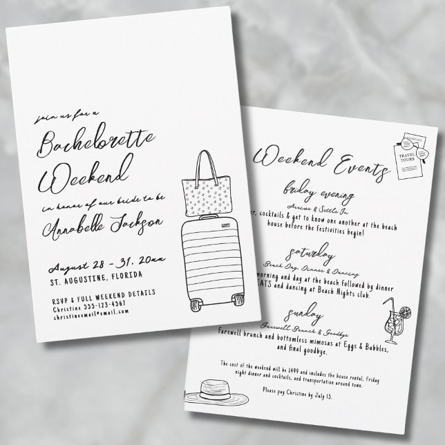Handgezeichnete Whimsical Girls Trip Junggeselinne Einladung (Hand Drawn Whimsical Quirky Bachelorette Party Invitation)