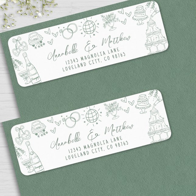 Handgezeichnete Whimsical Green Wedding Rücksendea (Hand Drawn Whimsical Green Wedding Return Address label )