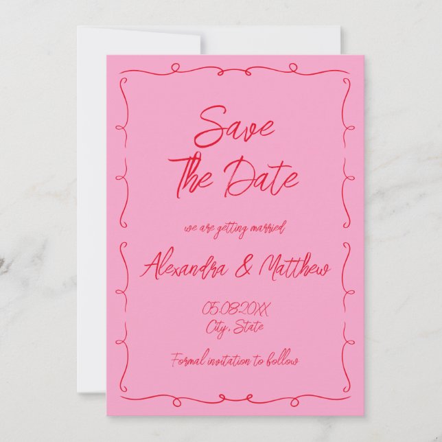 Handgezeichnete Whimsical Scribble Rosa und Rote H Save The Date (Vorderseite)