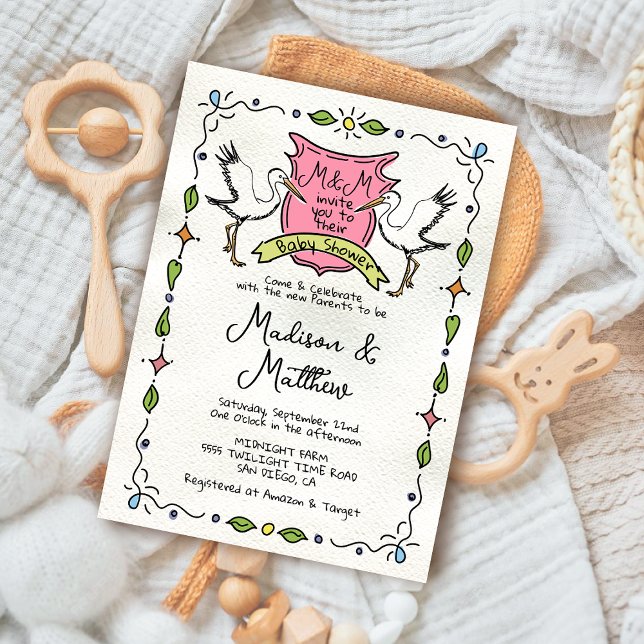 Handgezeichnete Whimsical Stork Wappen Babydusche Einladung (Von Creator hochgeladen)