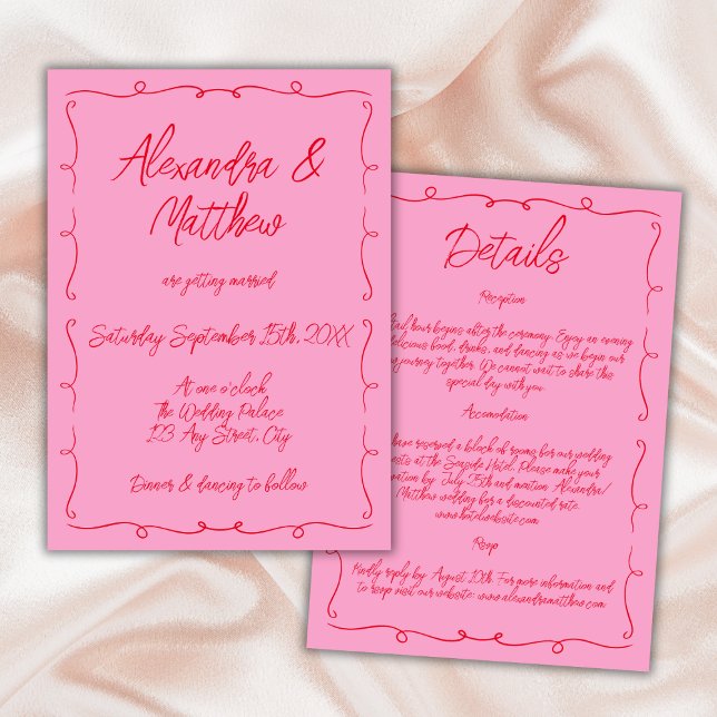 Handgezeichnete Whimsikrosa und rote Funky Wedding Einladung (Hand Drawn Whimsical Pink And Red Funky Wedding Invitation bold)