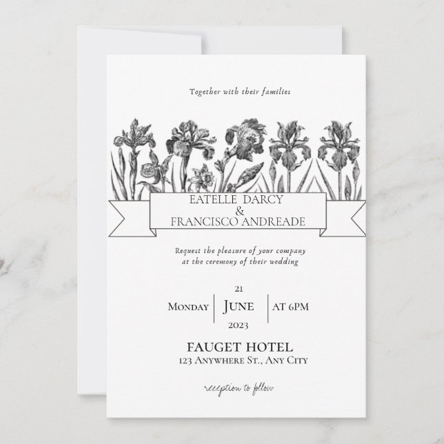 Handgezeichnete Wildblume Schwarz-Weiß-Hochzeit Einladung (Vorderseite)