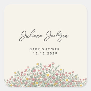 Handgezeichnete Wildblumen-Baby-Party Quadratischer Aufkleber