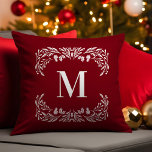 Handgezeichnete Winterfolien Monogramm Weihnachten Kissen<br><div class="desc">Dieses Monogramm Weihnachtskissen zeigt handgezeichnete weiße Winterfolien,  die das Monogramm umrahmen. Das Monogramm und der Rahmen werden auf dunkelrotem Hintergrund in Weiß angezeigt.</div>