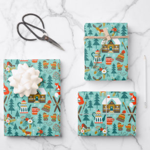 Handgezeichnete Winterskifahren Wilde Tiere Natur  Geschenkpapier Set