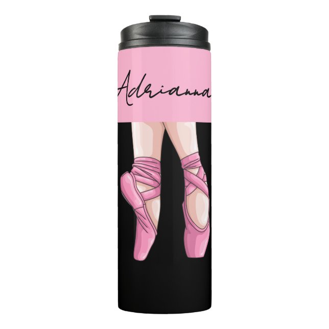 Handgezeichneter Ballettpunkt Schuhe Rosa und Schw Thermosbecher (Vorderseite)