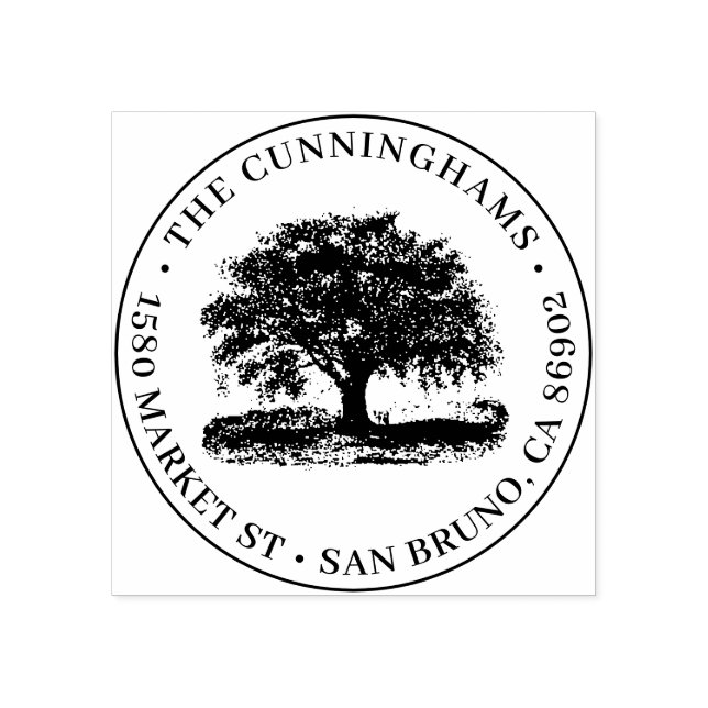 Handgezeichneter Baum Runder Familienname und Rück Gummistempel (Prägung)
