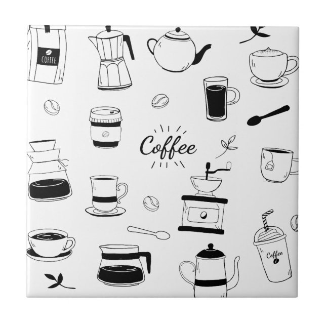 Handgezeichneter Black Coffee and Café Pattern Fliese (Vorderseite)