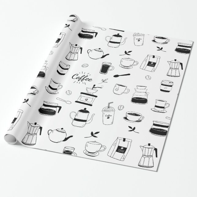 Handgezeichneter Black Coffee and Café Pattern Geschenkpapier (Ungerollt)