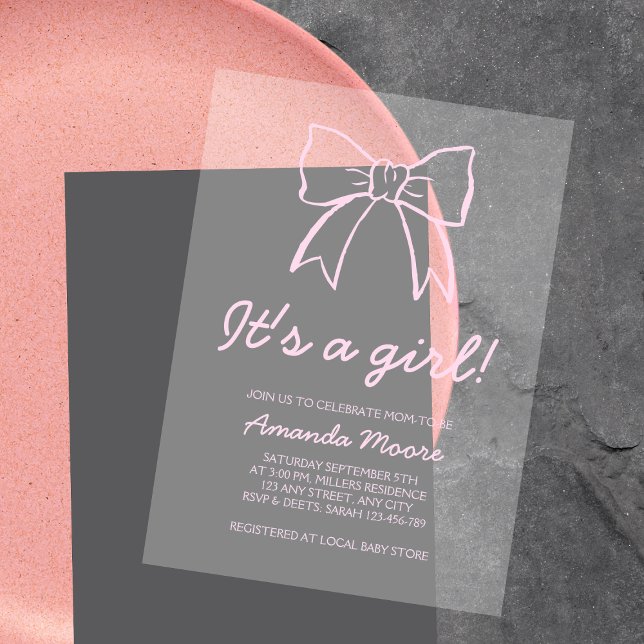 Handgezeichneter Bow Elegantes Script Girl Baby Du Acryleinladungen (Hand Drawn Bow Elegant Script Girl Baby Shower Acrylic Invitations)