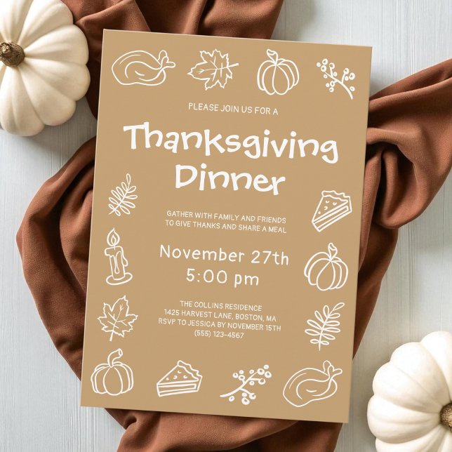 Handgezeichneter brauner Erntedank Einladung (Hand Drawn Brown Whimsical Thanksgiving Dinner Invitation)