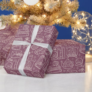 Handgezeichneter Buchliebhaber-Winter-Cottagecore Geschenkpapier