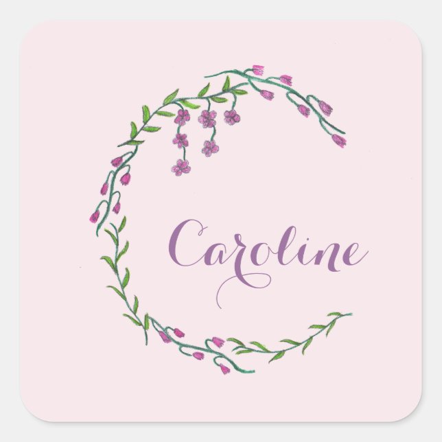 Handgezeichneter Buchstabe C Erste Blume für Monog Quadratischer Aufkleber (Vorderseite)