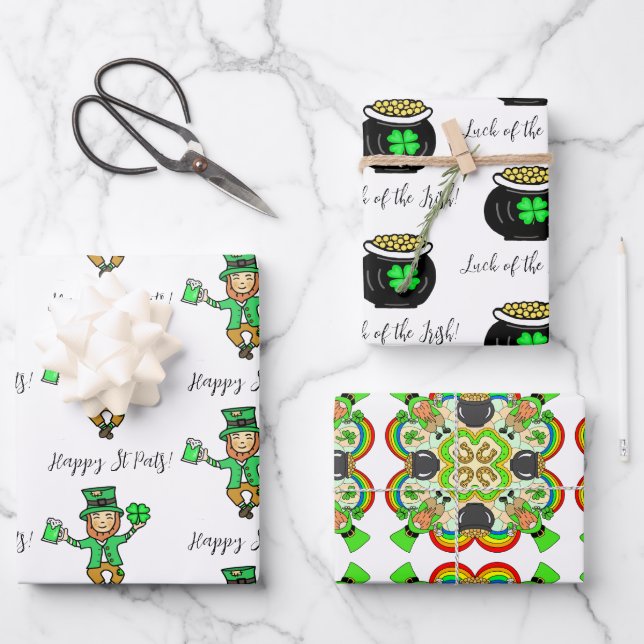 Handgezeichneter Cartoon St Patrick's Day Geschenkpapier Set (Vorderseite)