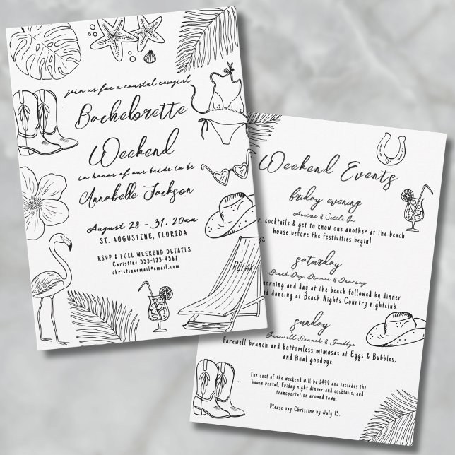Handgezeichneter Cowgirl-Junggeselinnen-Abschied Einladung (Hand Drawn Coastal Cowgirl Bachelorette Party Invitation)