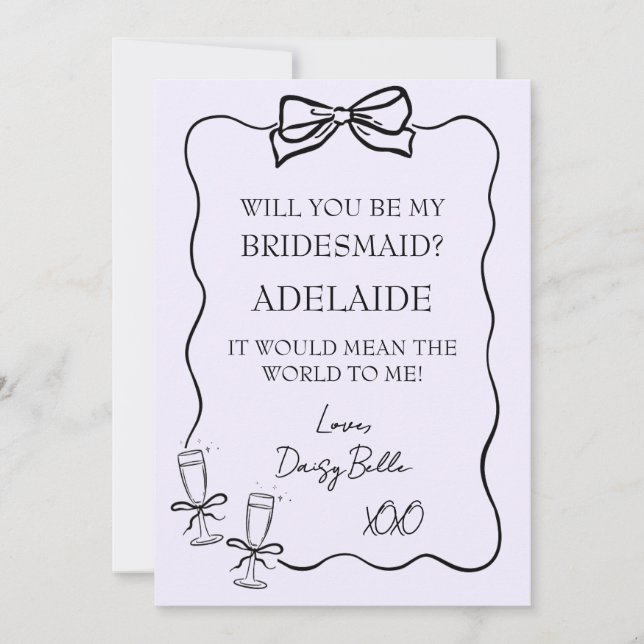 Handgezeichneter Doodle Bridesmaid Vorschlag Lila Einladung (Vorderseite)