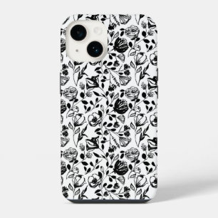 Handgezeichneter floraler Schwarz-Weiß-Fall iPhone 14 Hülle