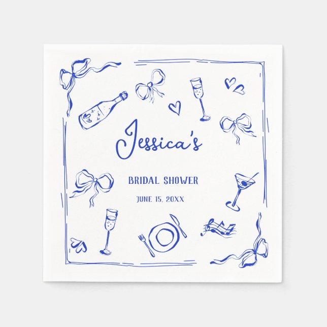 Handgezeichneter französischer Blue Bridal Brunch  Serviette (Vorderseite)