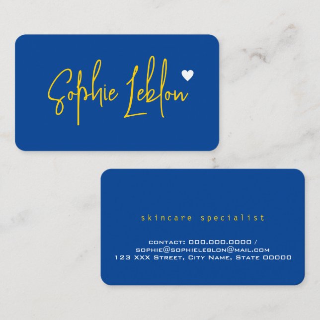 Handgezeichneter gelber Name auf blau mit Herz Visitenkarte (Vorne/Hinten)