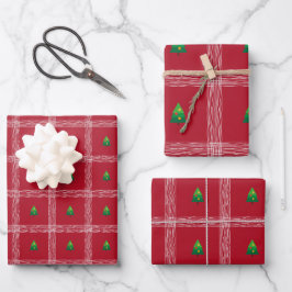 Handgezeichneter Gingham mit Weihnachtsbaum Geschenkpapier Set