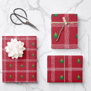 Handgezeichneter Gingham mit Weihnachtsbaum Geschenkpapier Set