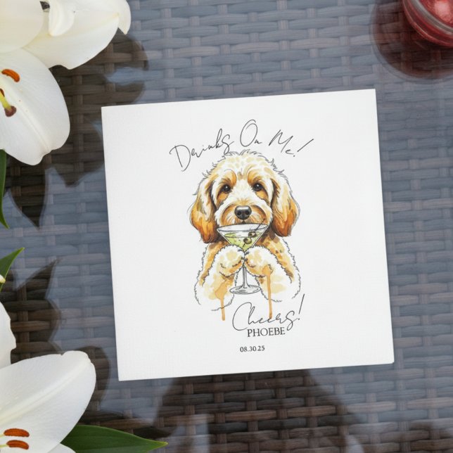 Handgezeichneter Golden Doodle Martini Offener Bar Serviette (Toast your pet with this custom hand drawn golden doodle martini cocktail napkin!)