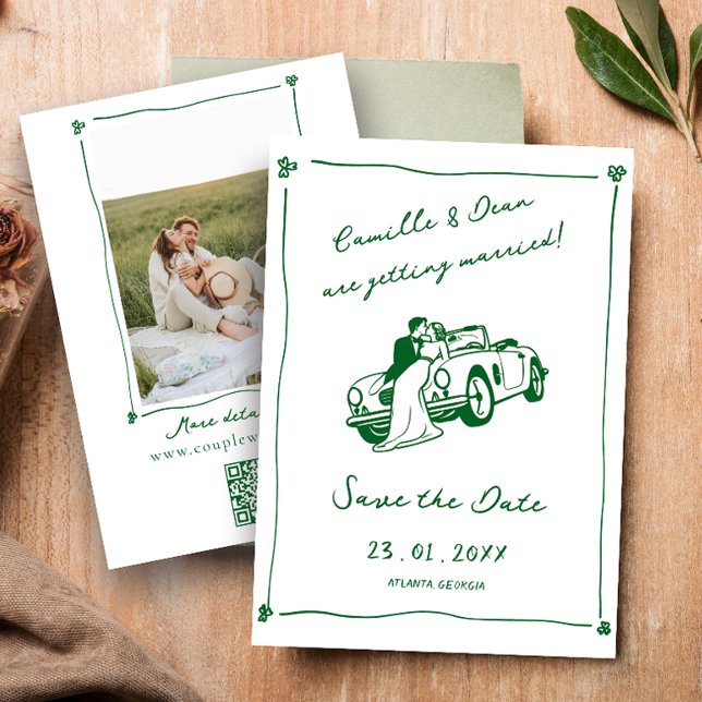 Handgezeichneter grüner Save-the-Date-Foto-QR-Code Einladung (Von Creator hochgeladen)