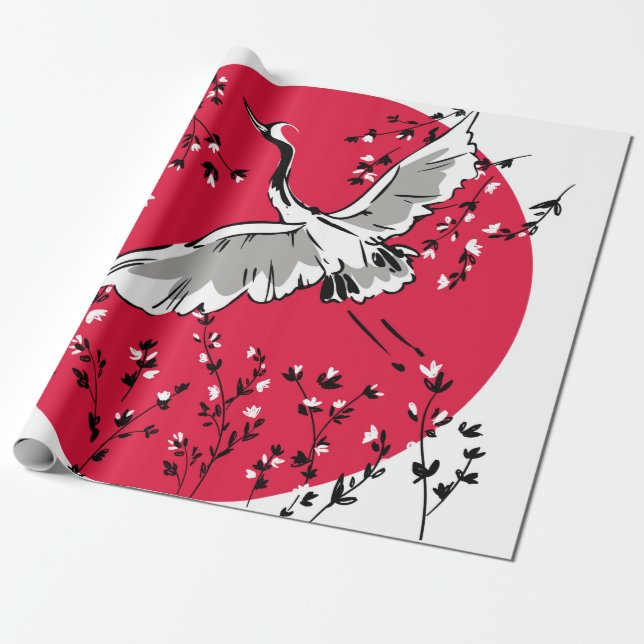 Handgezeichneter Kranvogel, Graphic Illustration v Geschenkpapier (Ungerollt)