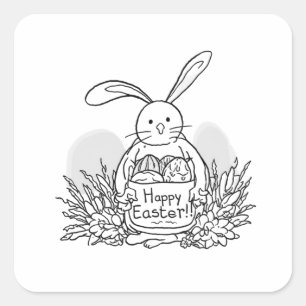 Handgezeichneter Osterhase Färbungsstil Frühling Quadratischer Aufkleber