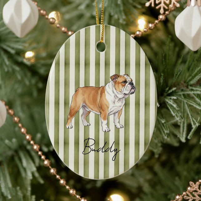 Handgezeichneter Pet Portrait Sketch Wasserfarbeng Keramik Ornament (Celebrate the holidays with this timeless, vintage striped pet portrait! )