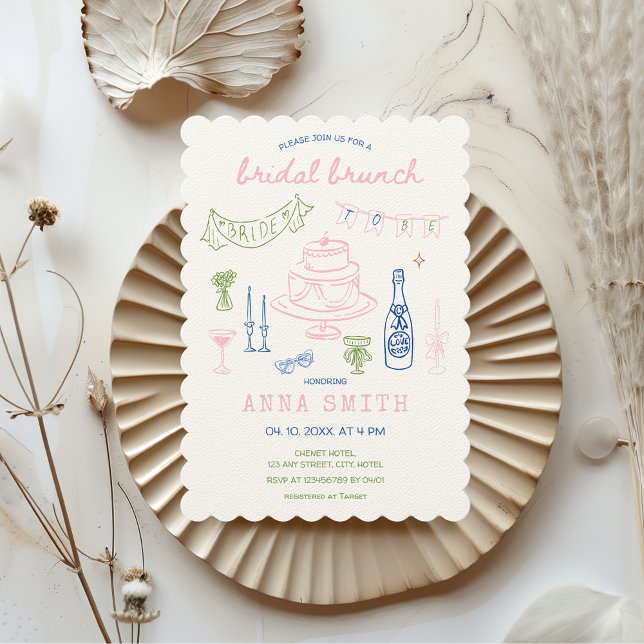 Handgezeichneter Quirky Pink Green Blue Bridal Bru Einladung (Hand Drawn Hand Illustrated Bridal Brunch Effortless Aesthetic Pink Blue Green Quirky Unique Whimsy)