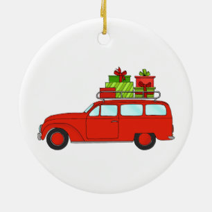 Handgezeichneter Retro-Weihnachtswagen mit Geschen Keramik Ornament