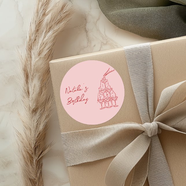 Handgezeichneter Rosa Champagner Tower Geburtstag Runder Aufkleber (Von Creator hochgeladen)