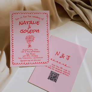 Handgezeichneter rosa roter Retro-QR-Code zur Hoch Einladung