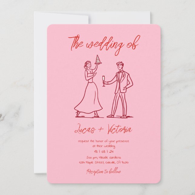 Handgezeichneter rosa und roter weißer QR-Code Hoc Einladung (Vorderseite)