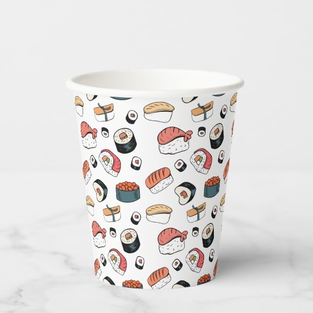 Handgezeichneter Sushi-Mix Pappbecher (Vorderseite)