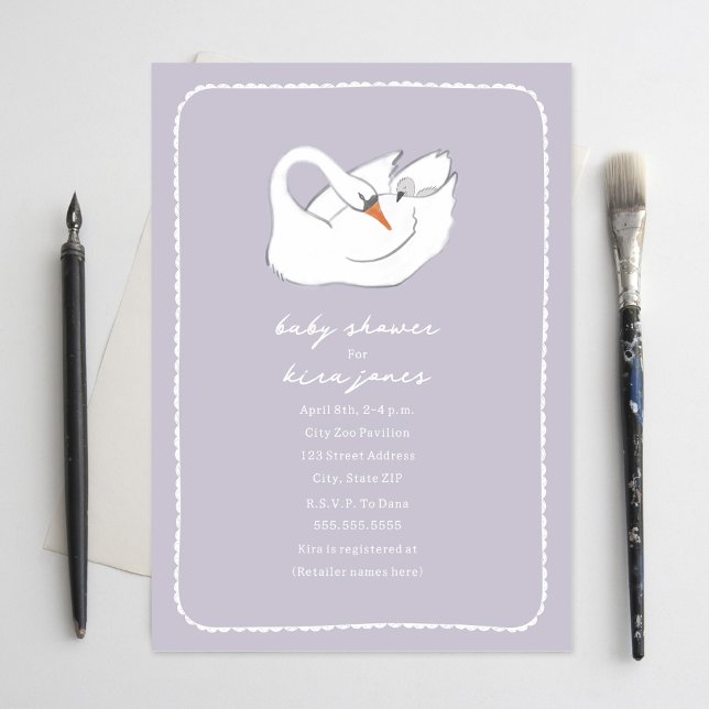 Handgezeichneter Swan Mama & Baby Duschlavender Einladung (Von Creator hochgeladen)