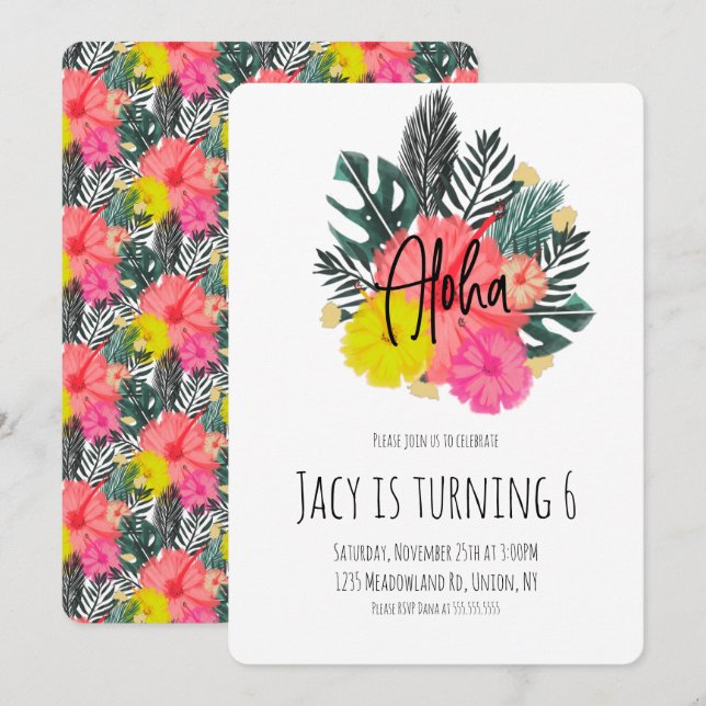 Handgezeichneter tropischer Aloha Floral Geburtsta Einladung (Vorne/Hinten)