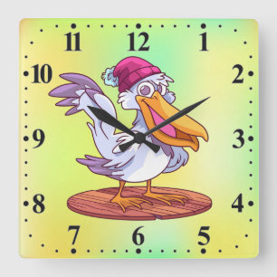 Handgezeichneter Weihnachts-Pelikan-Cartoon Quadratische Wanduhr